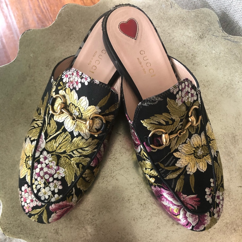 Gucci Floral Embroidered Black Gold Horsebit Mules